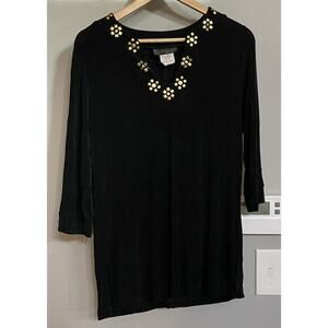 Slinky Brand‎ Top Tunic Beaded V Neck Pullover USA Made Womens Small EUC